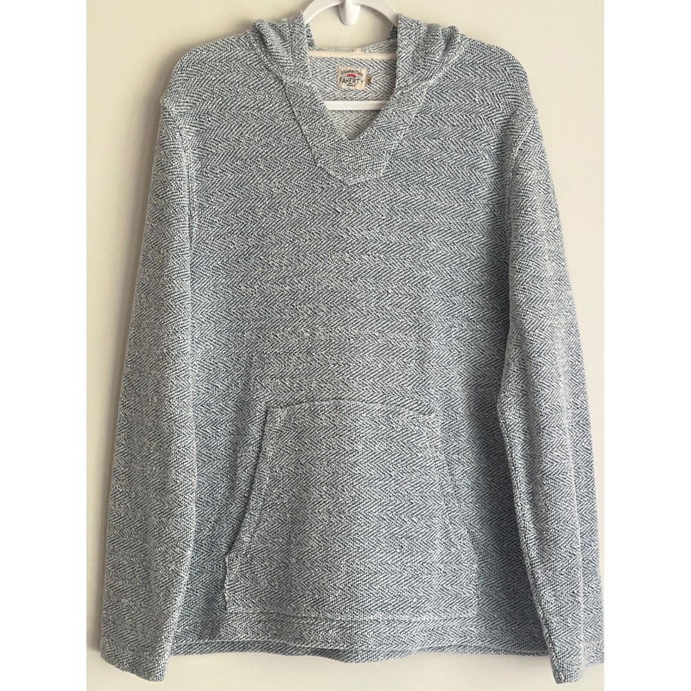 Faherty Brand Blue Herringbone Knit V-Neck Pullover Hoodie XL Women's Coastal